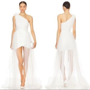 NEW SAU LEE Sidney Dress One Shoulder Ruched Tulle Detachable Train White Sz 6
